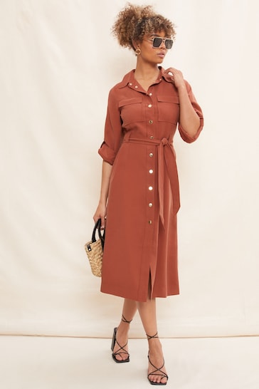 Friends Like These Red Utility Belted Long Sleeve Midi Shirt Dress