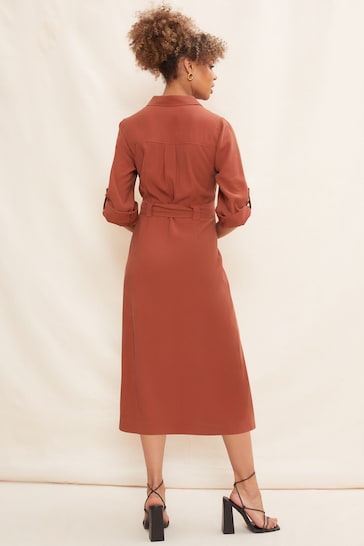 Friends Like These Red Utility Belted Long Sleeve Midi Shirt Dress