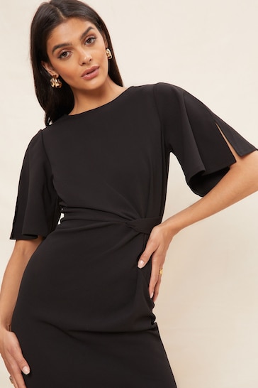 Friends Like These Black Tailored Knot Detail Flutter Sleeve Midi Dress