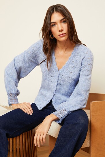 Love & Roses Blue Pointelle Knit Scallop Cardigan