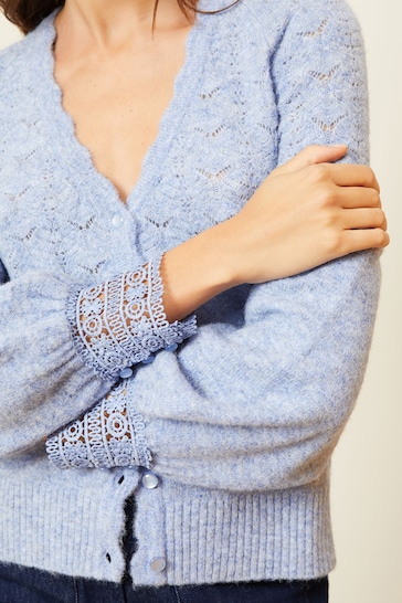 Love & Roses Blue Pointelle Knit Scallop Cardigan
