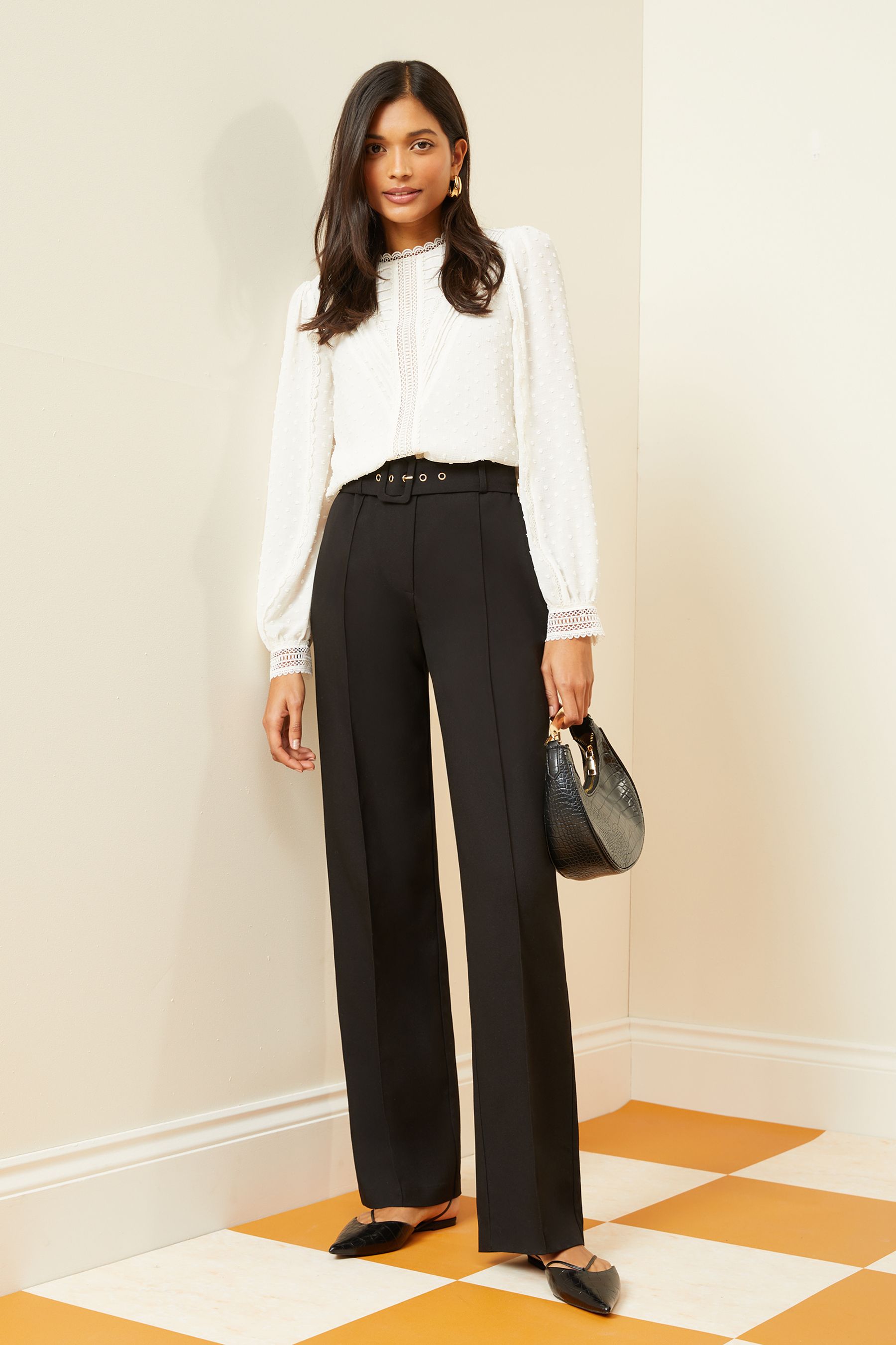 Black belted high waisted trousers sales