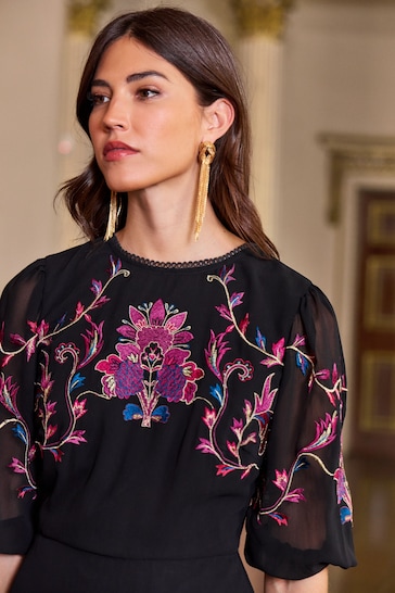 V&A | Love & Roses Black Embroidery Petite Embroidered Puff Sleeve Midi Dress