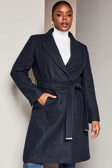 Lipsy Navy Blue Curve Relaxed Belted Boucle Smart Wrap Trench Coat