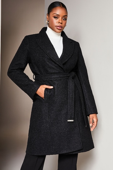Lipsy Black Curve Relaxed Belted Boucle Smart Wrap Trench Coat