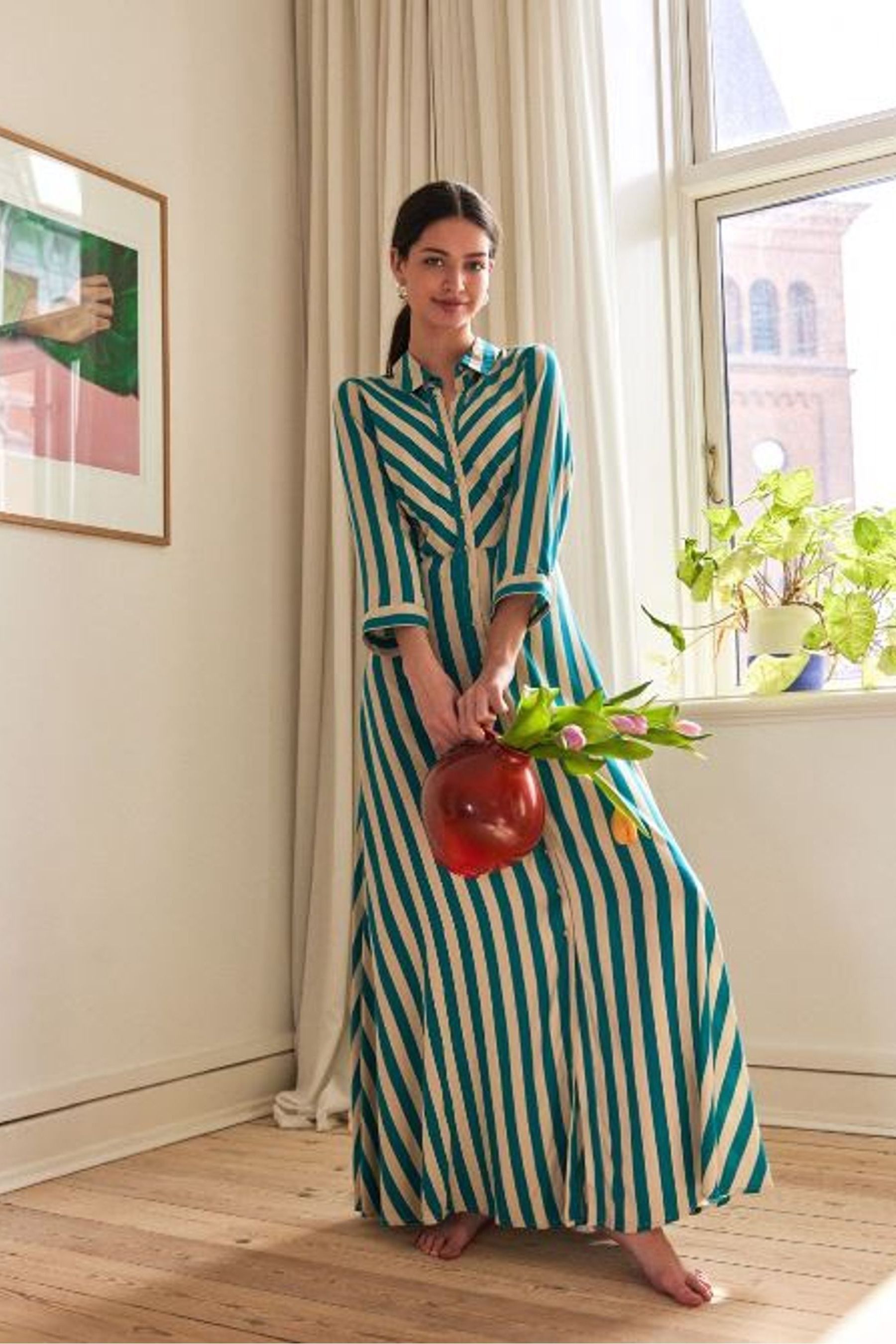 Y.A.S Green White Stripe Maxi Length Shirt Dress