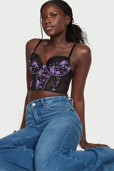 Buy Victoria's Secret Black Floral Ribbon Slot Lace Corset Bra Top