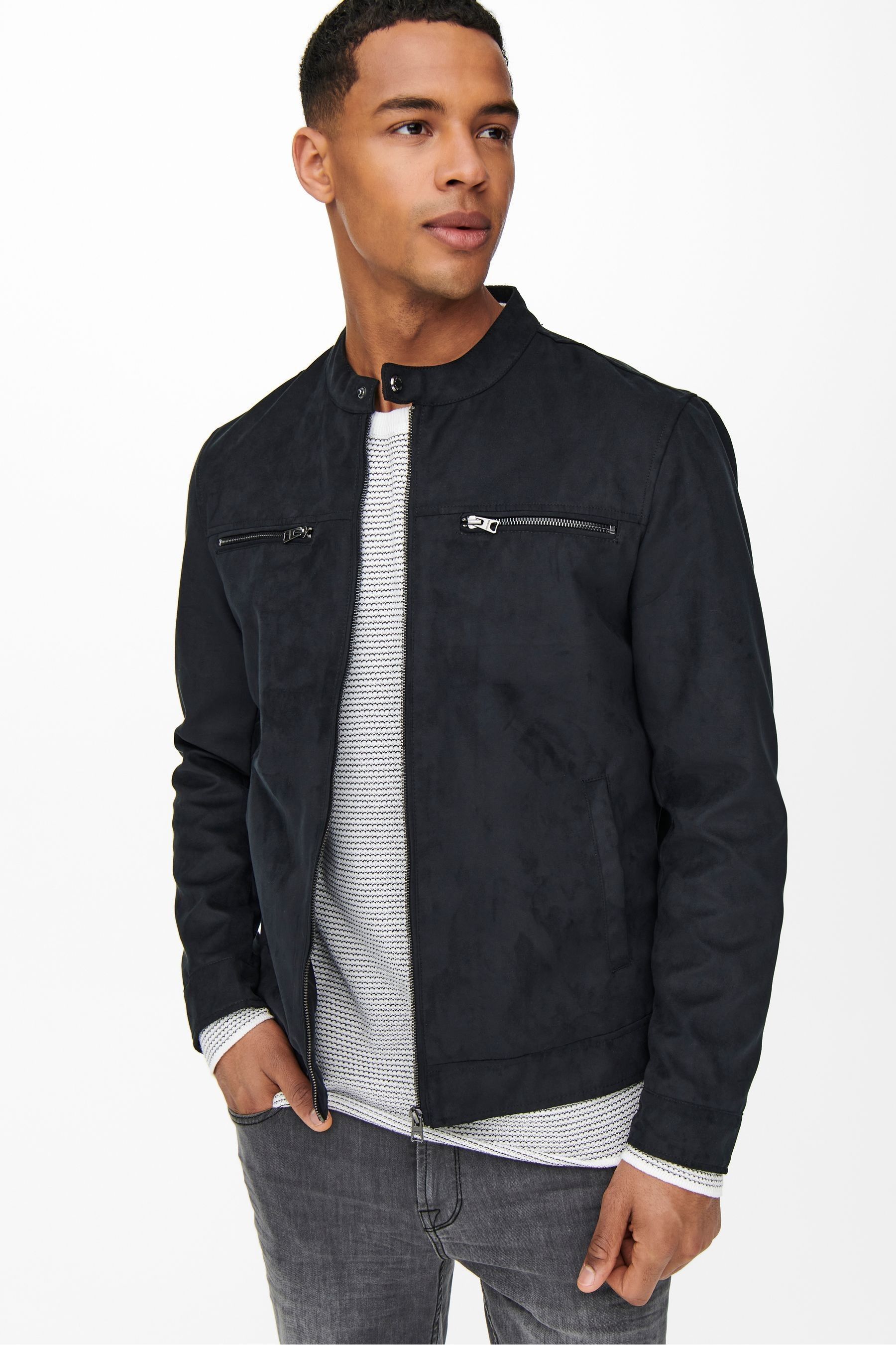 Suede best sale collarless jacket