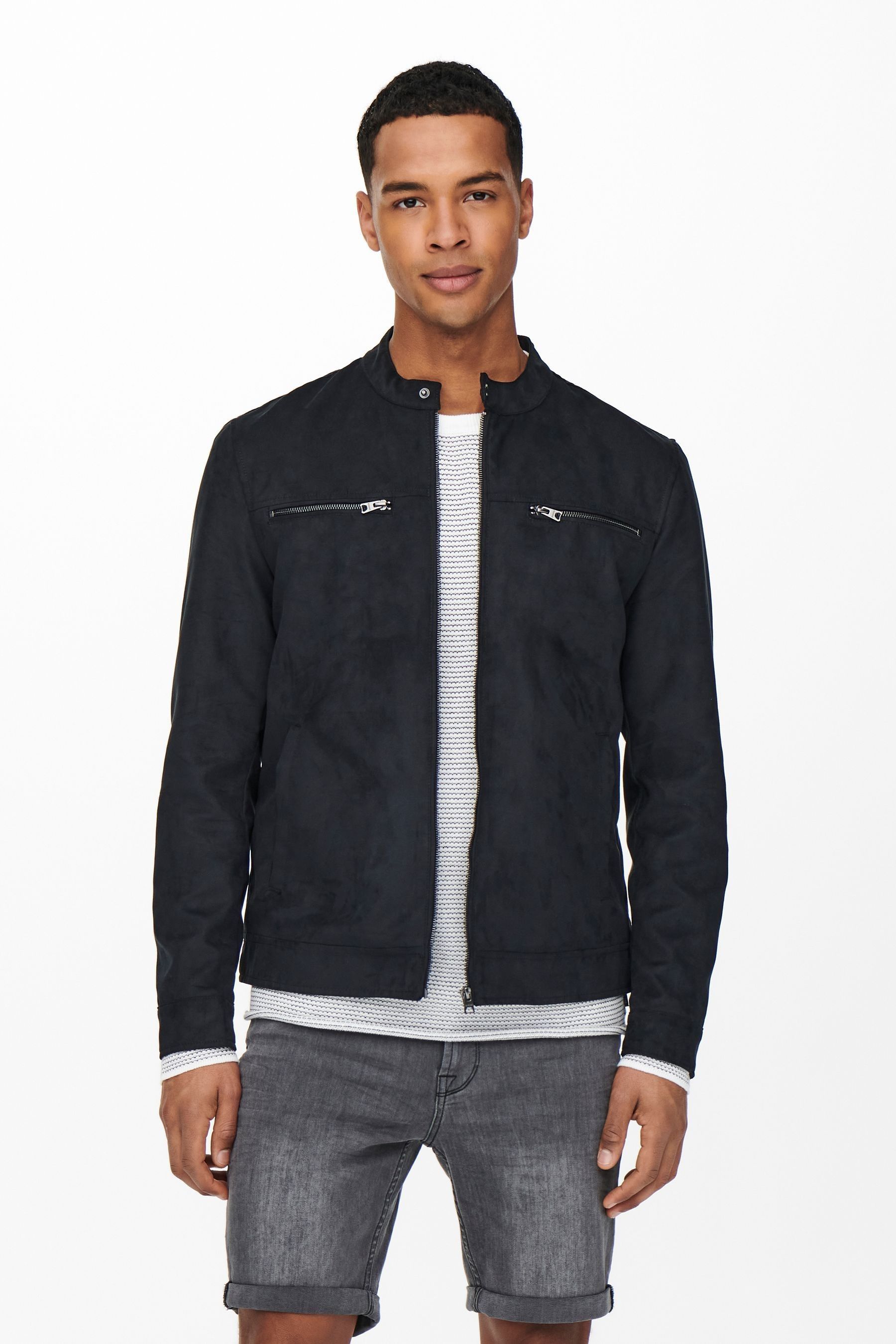Suede collarless jacket hotsell