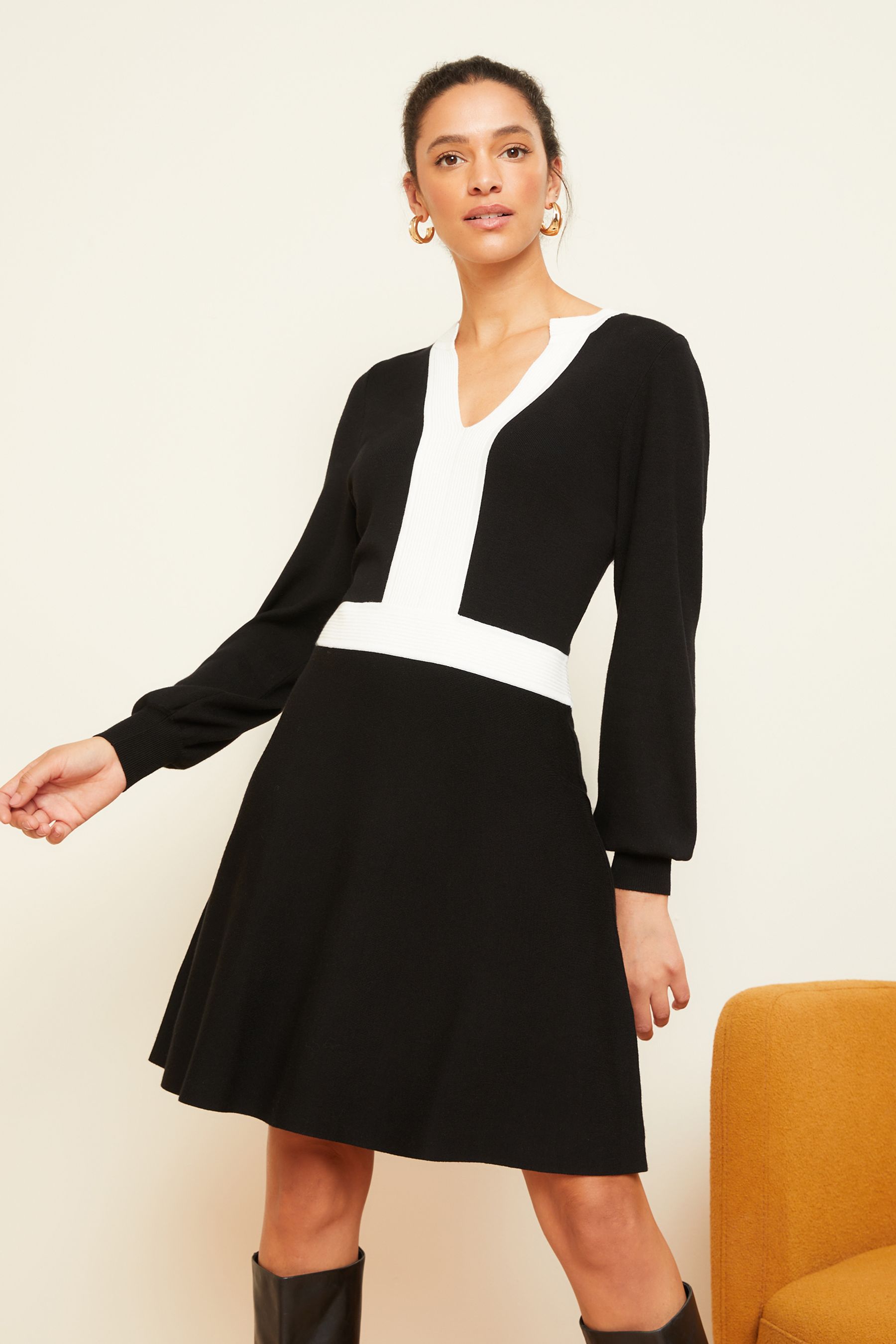 Love Roses Black White V Neck Knitted Skater Dress