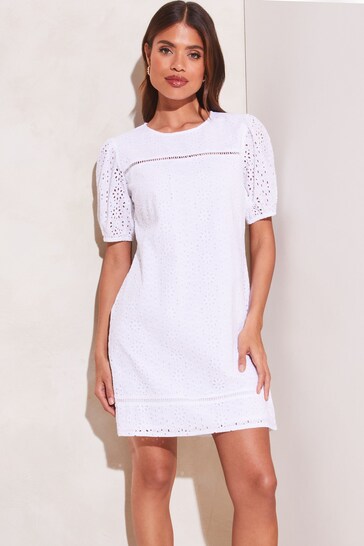 Lipsy White Petite Broderie Puff Sleeve Shift side Dress