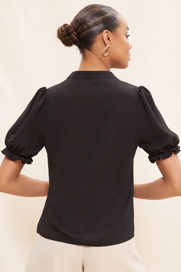 Our Social Networks Black Short Puff Sleeve V Neck Button Through Blouse