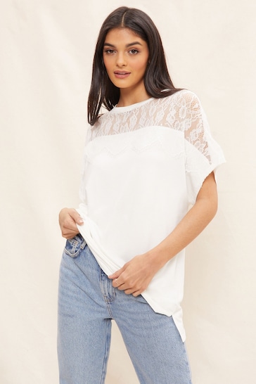Friends Like These White Lace Short Sleeve V Neck Tunic Top