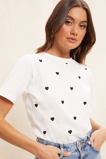Friends Like These White Round Neck Heart Embroidered T-Shirt
