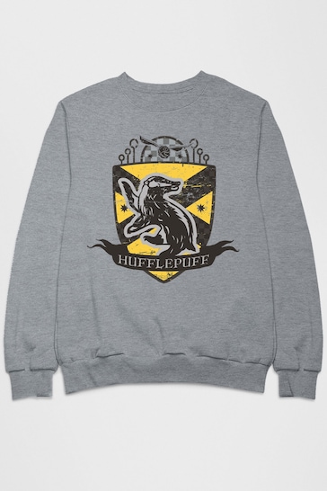 All + Every Heather Grey Harry Potter Hufflepuff Quidditch Distressed Shield Women's Sweatshirt