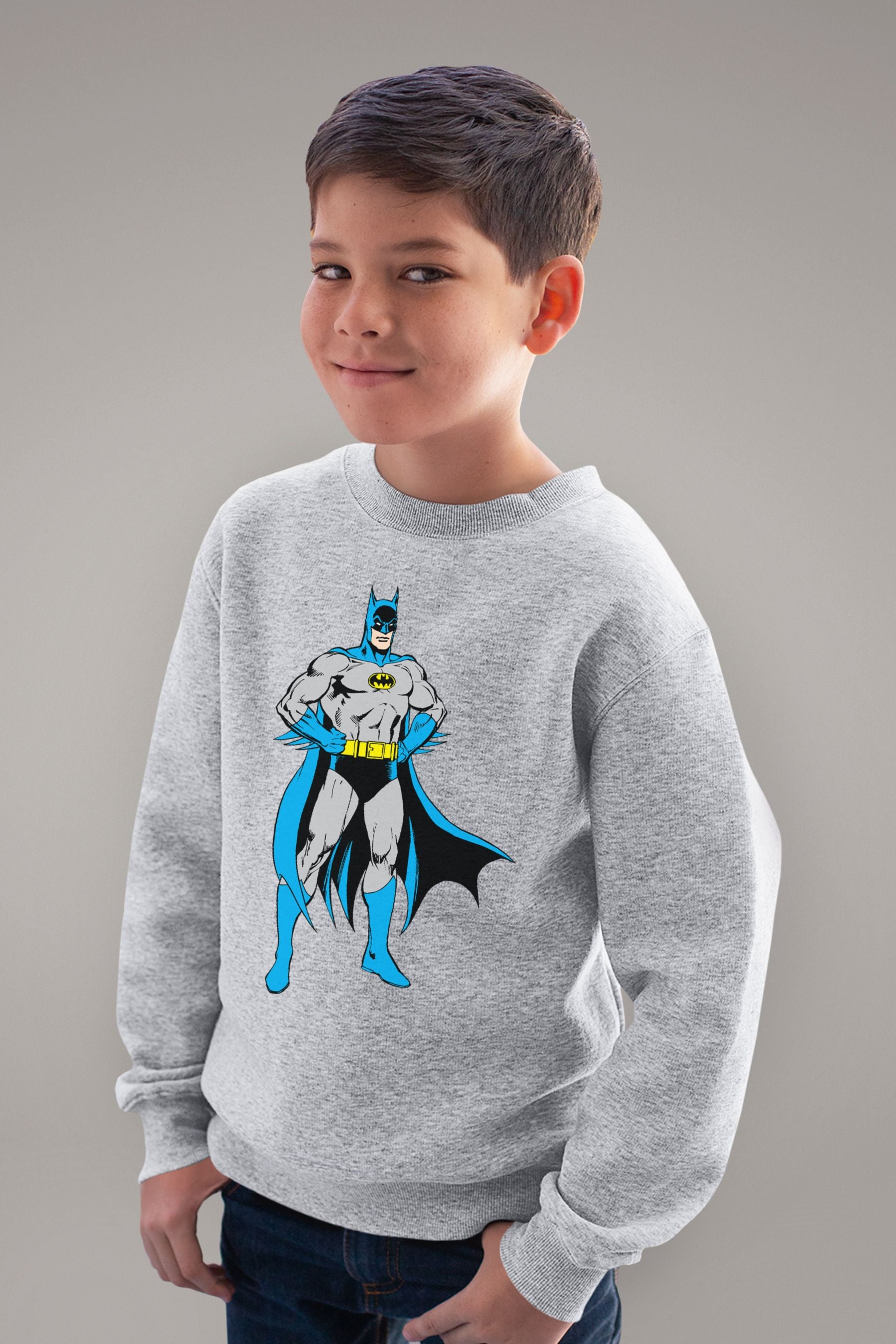 All Every Heather Grey Batman Classic Comic Stand Pose Kids Sweatshirt