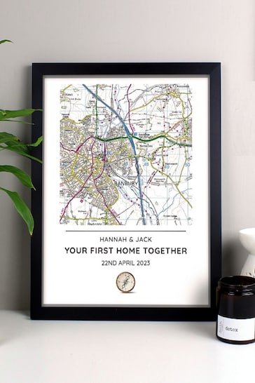 Personalised Present Day Map Compass Black Framed Print by PMC