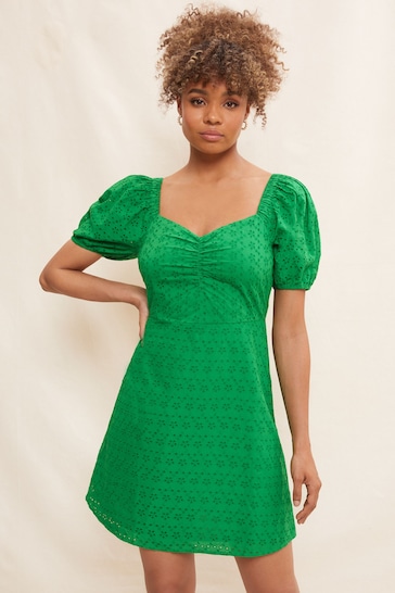 Friends Like These Green Broderie Sweetheart Puff Sleeve Mini Dress