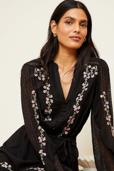 Love & Roses Black Embroidery Chiffon V Neck Elasticated Sleeve Belted Mini Dress