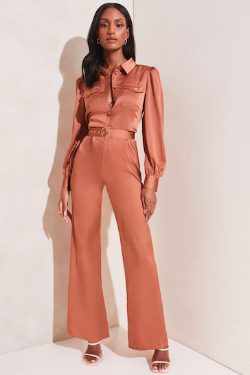 Lipsy Red Belted Shirt trefoil Style Long Sleeve Summer Wide Leg Jumpsuit