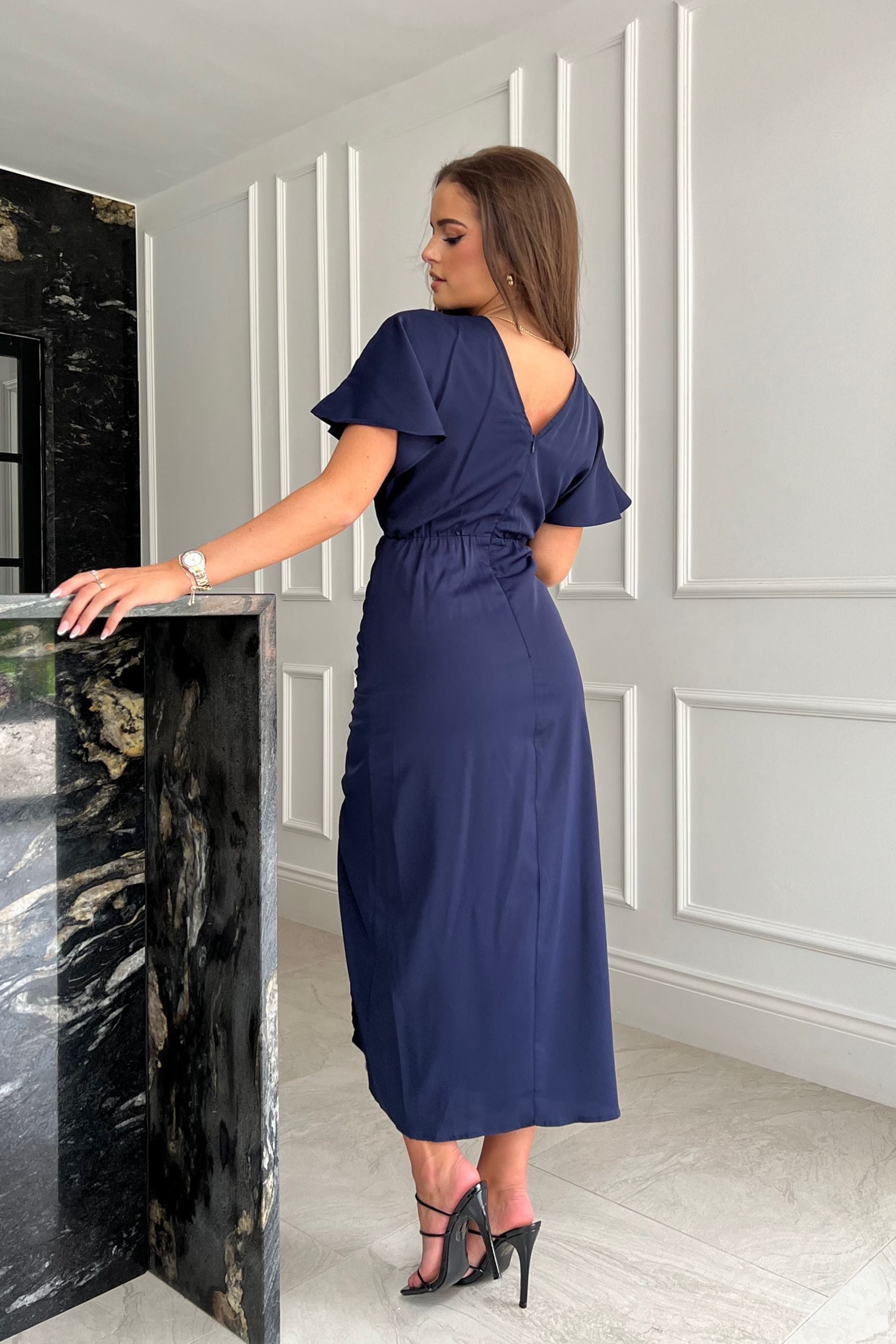 Girl In Mind Navy Blue Petite Priscilla Wrap Over Ruched Detail Midi Dress