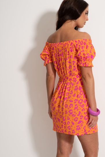 Pour Moi Orange/ Pink Woven Puff Sleeve Belted Bardot Dress