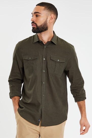 Threadbare Green Linen Blend Long Sleeve Shirt With Chest Pockets