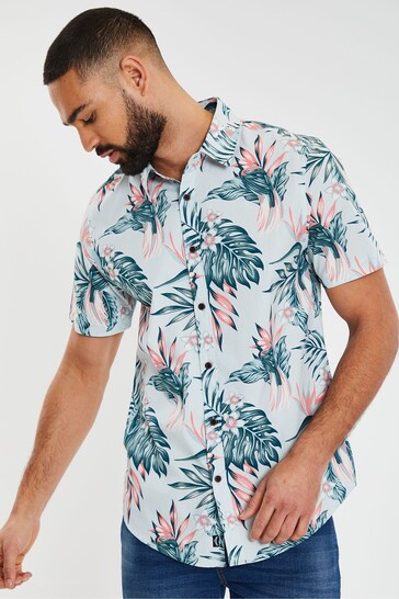 Threadbare Light Blue Multi Tropical Print Short Sleeve Pineapple Print Cotton Shirt