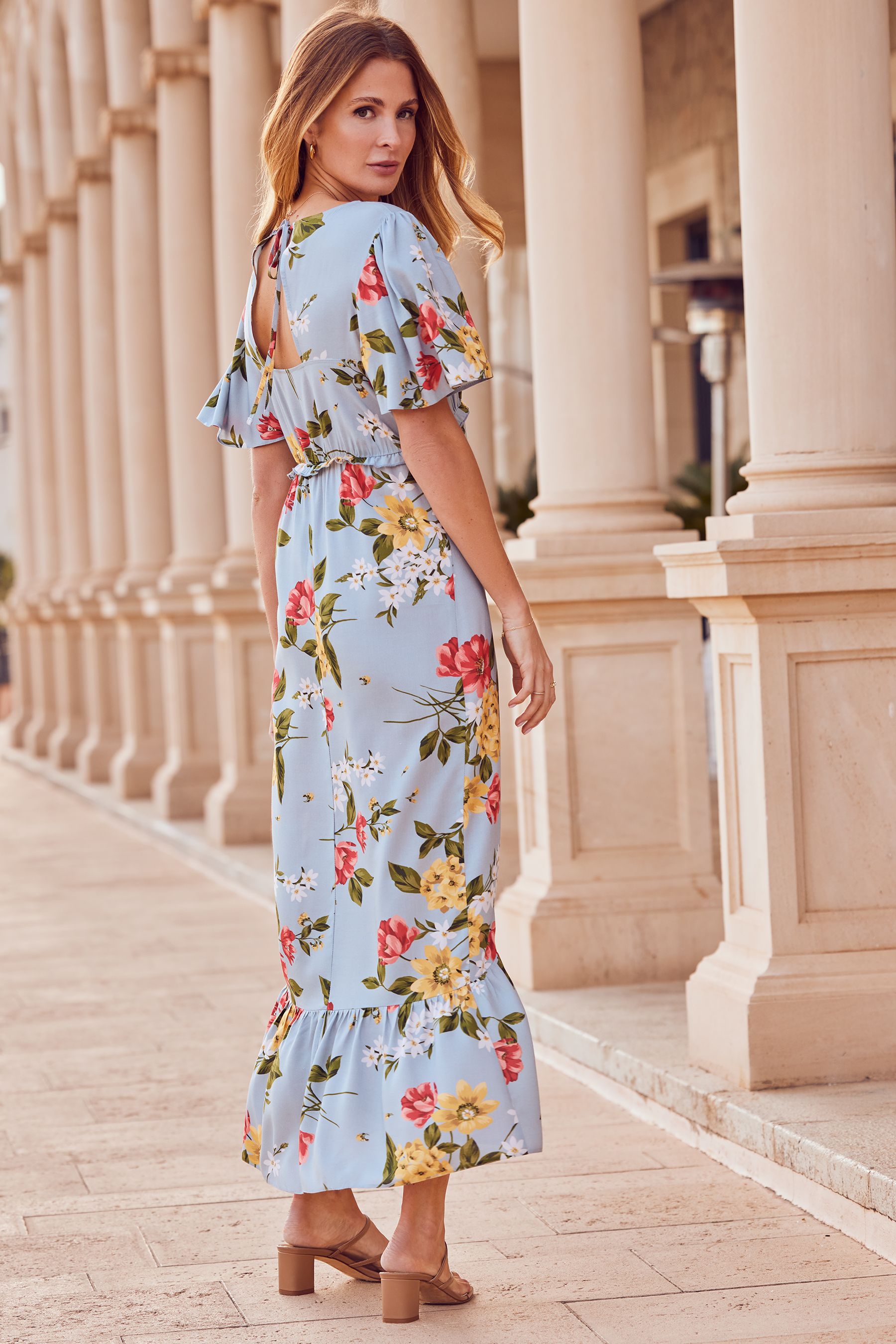 Friends Like These Blue Floral Short Sleeve V Neck Button Through Midaxi Dress