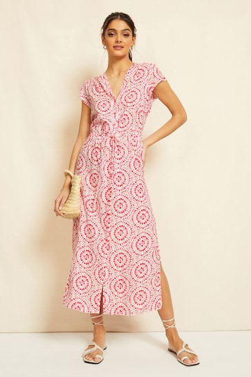 Friends Like These Pink V Neck Capped Sleeve Midi Shirt Dress