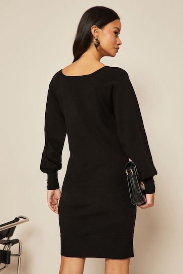 Friends Like These Black Petite Button Cuff Knitted Scoop Neck Jumper Dress