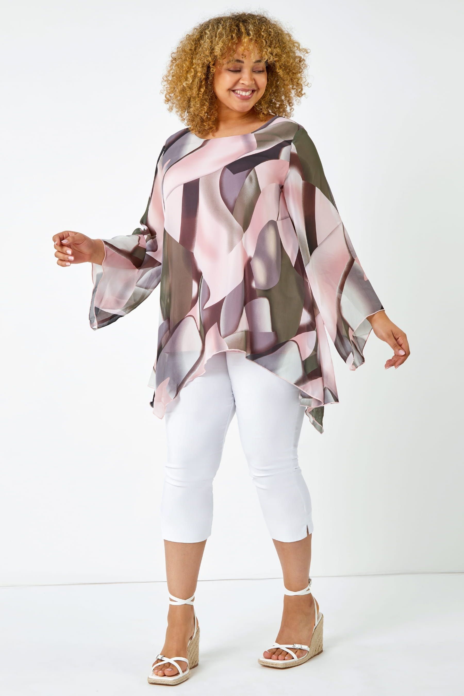 Buy Roman Pink Black Curve Abstract Chiffon Overlay Top from the