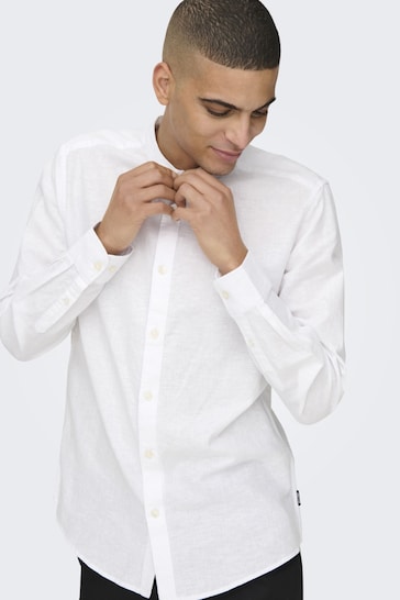 Only & Sons White Long Sleeve Button Up Shirt Contains Linen
