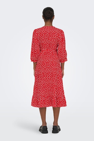 ONLY Red Ditsy Floral Long Sleeve Wrap Midi Dress