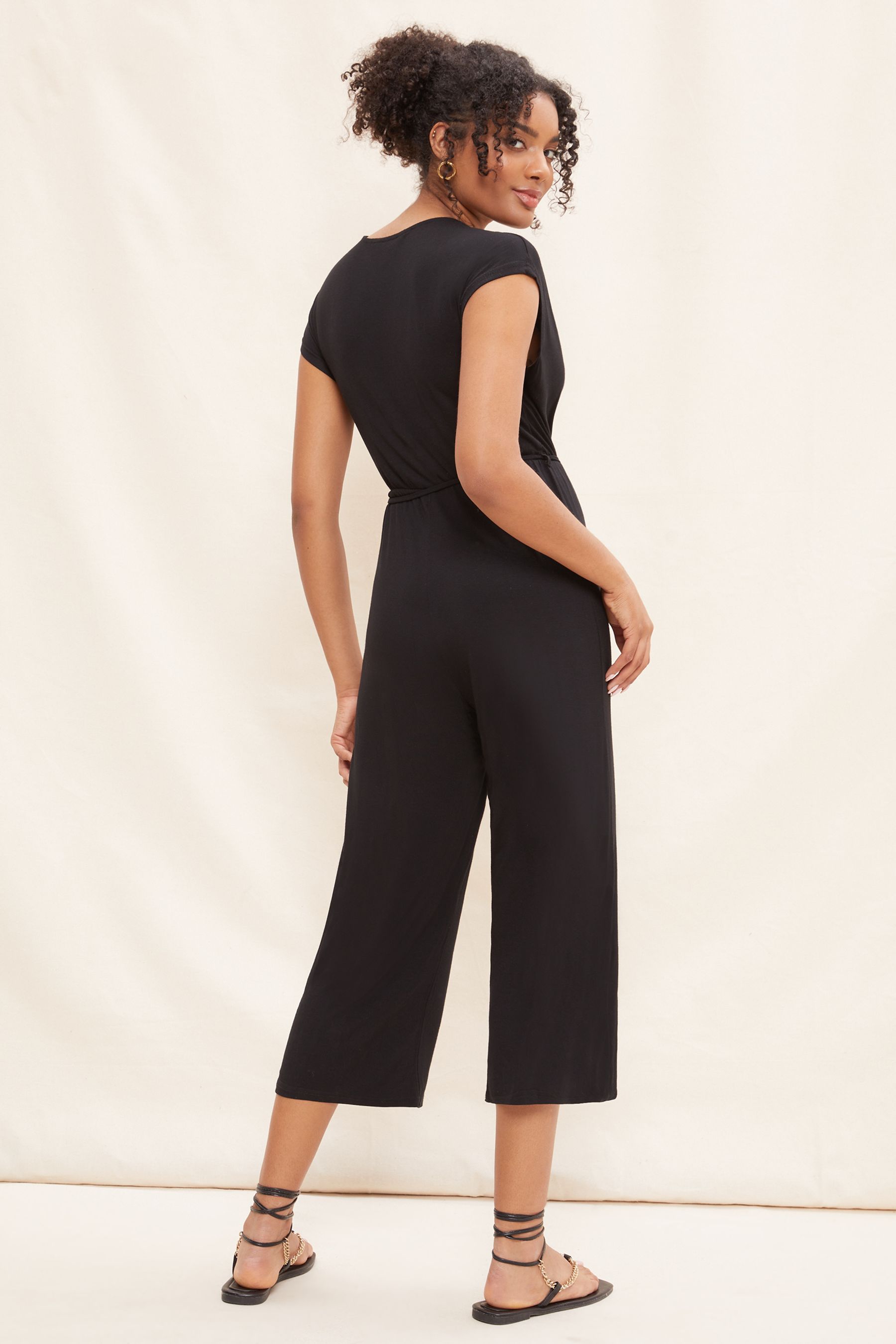 Black ribbed wrap top front culotte jumpsuit