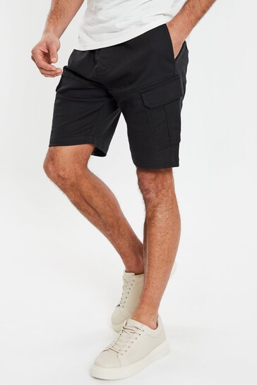 Threadbare Black Pull On Cotton Blend Cargo Shorts