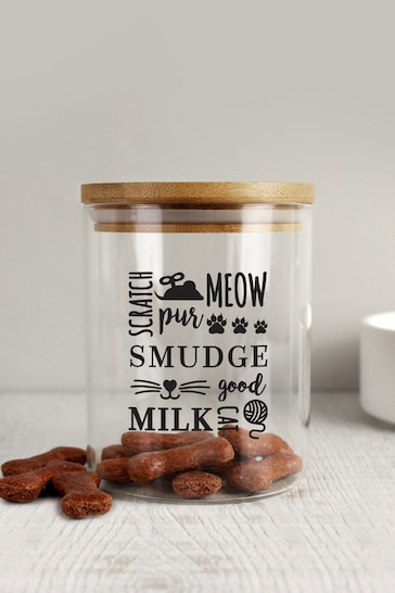 Personalised Glass Cat Treat Jar with Bamboo Lid by PMC