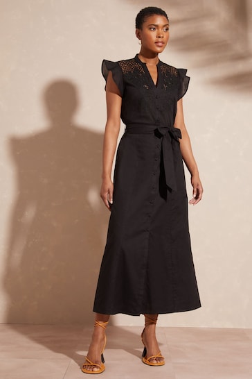 Brunello Cucinelli logo-embroidered dress Black Lace Insert Flutter Sleeve Belted Midi Dress