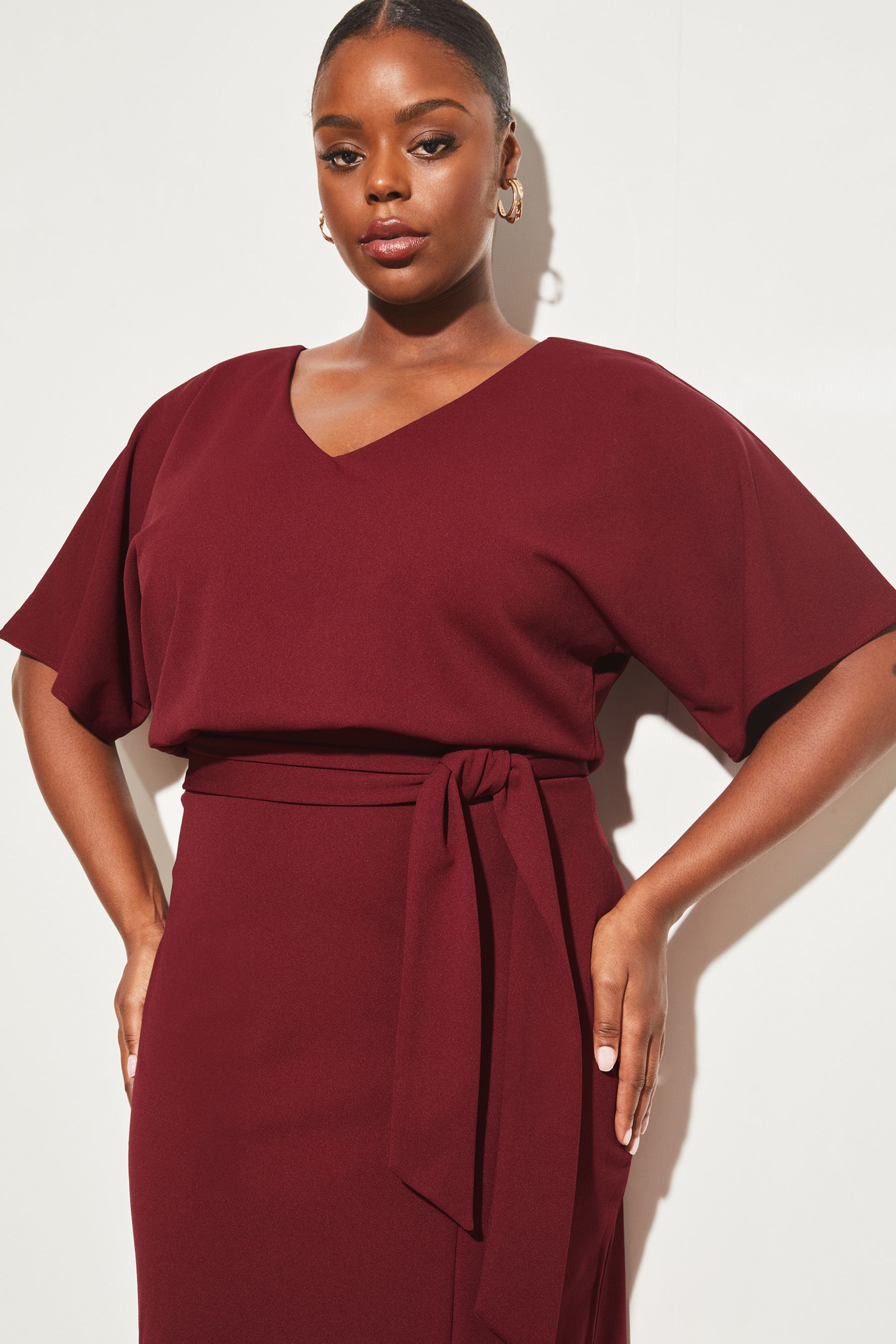 Buy Lipsy Berry Red Curve V Neck Flutter Sleeve Belted Midi Dress