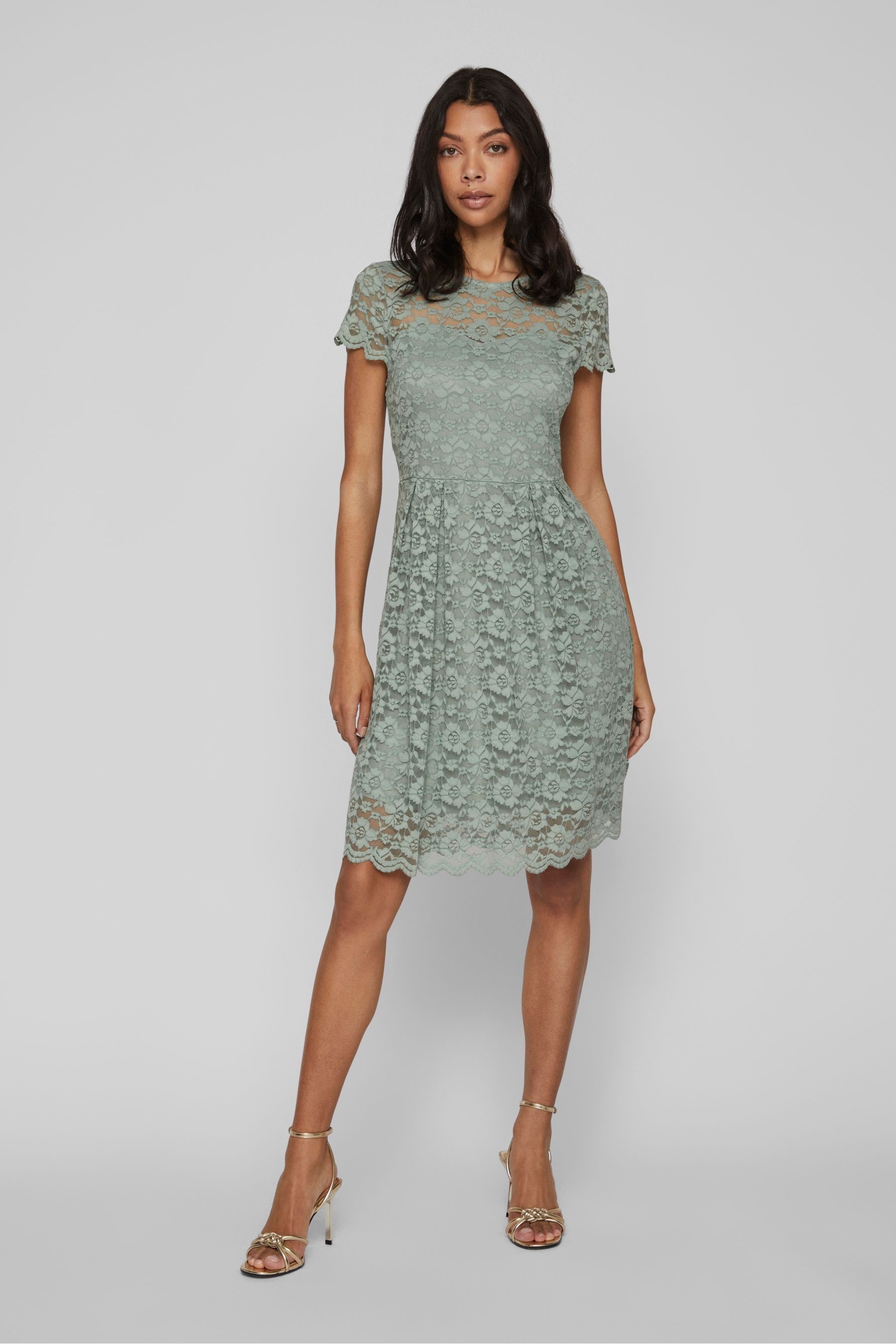 Buy VILA Sage Green Short Sleeve Lace Pleated Occasion Dress from