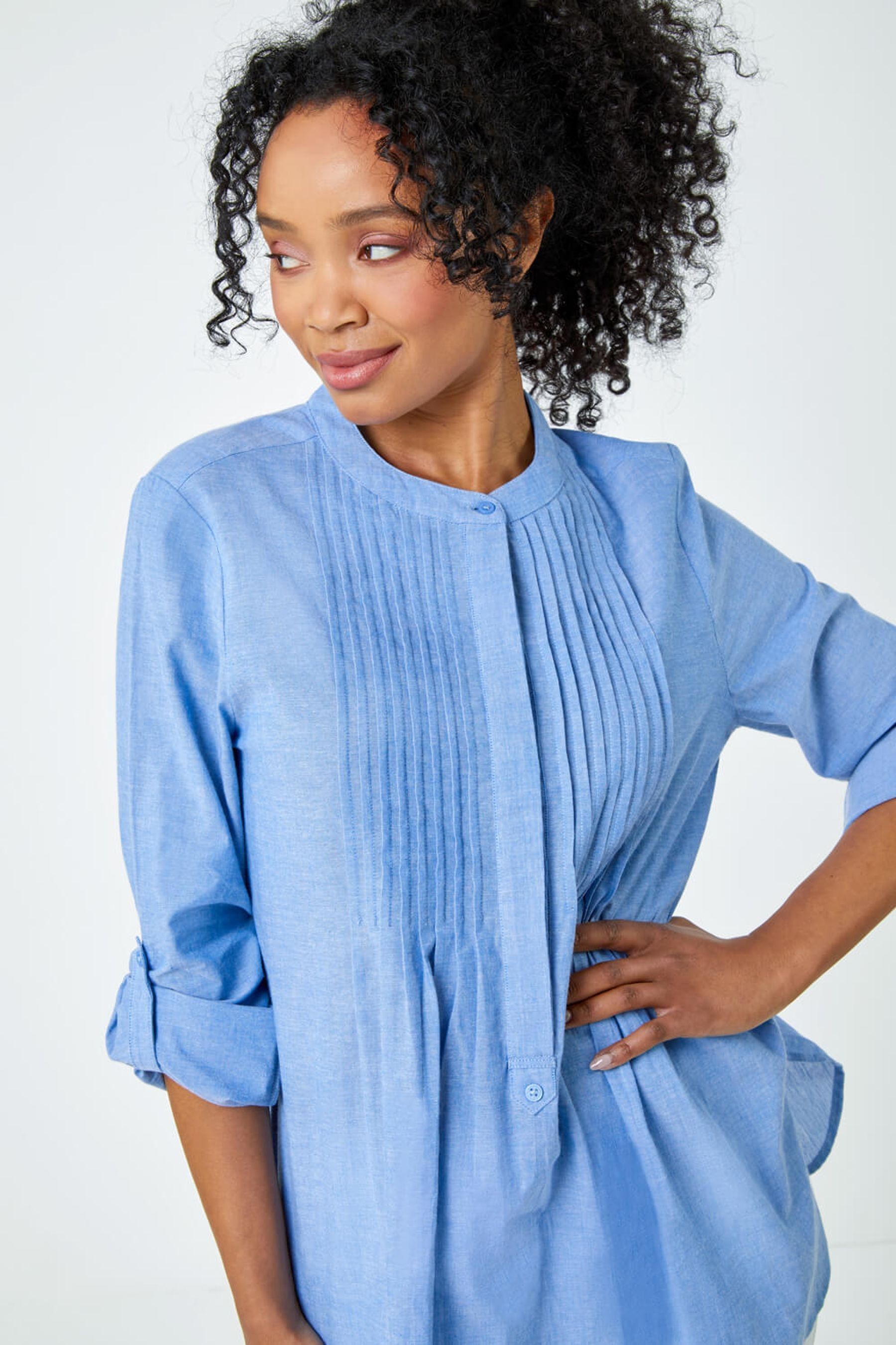 Buy Roman Blue Collarless Chambray Shirt from the Next UK online shop