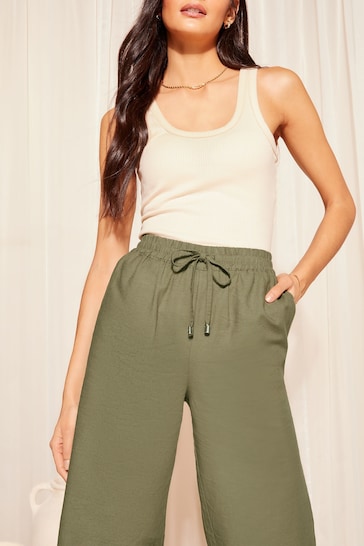 Friends Like These Khaki Green Cropped Wide Leg Culottes With Linen