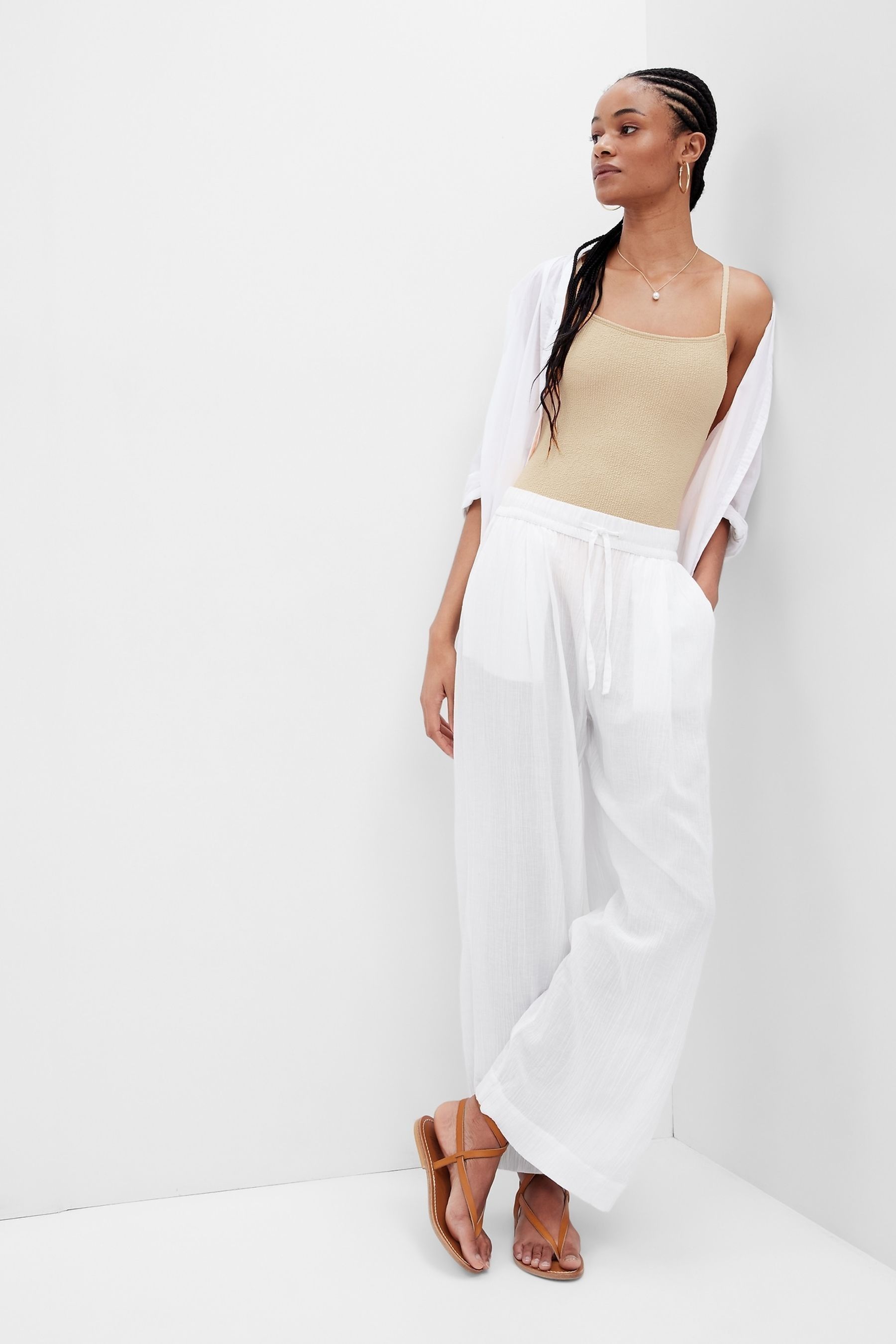 High Rise Linen-Cotton Pleated Wide Leg Pants with Washwell New Off White