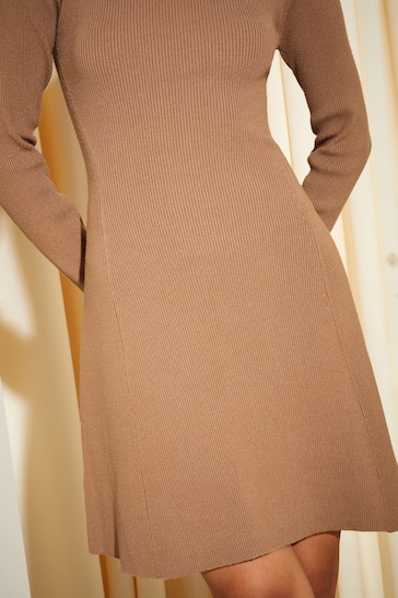 Friends Like These Camel Long Sleeve Fit and Flare Knitted Midi Dress