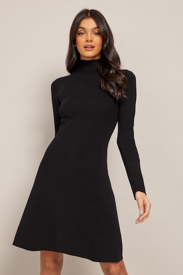 Friends Like These Black Petite Long Sleeve Fit and Flare Knitted Midi Dress