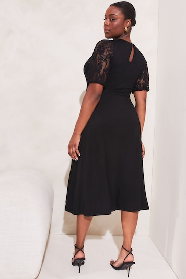 Lipsy Black Lace Curve Jersey Puff Short Sleeve Underbust Midi Dress