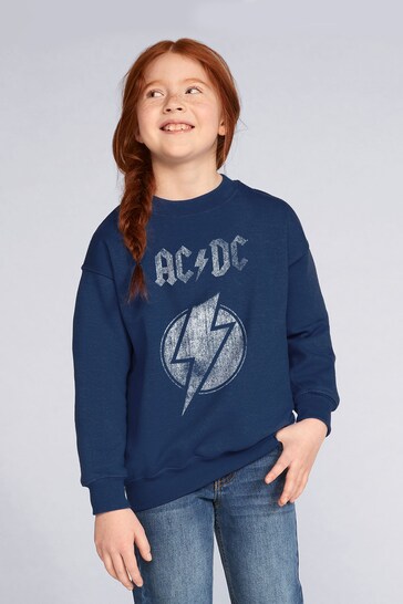 All + Every Navy ACDC Lightning Bolt Band Kids logo-patch Sweatshirt