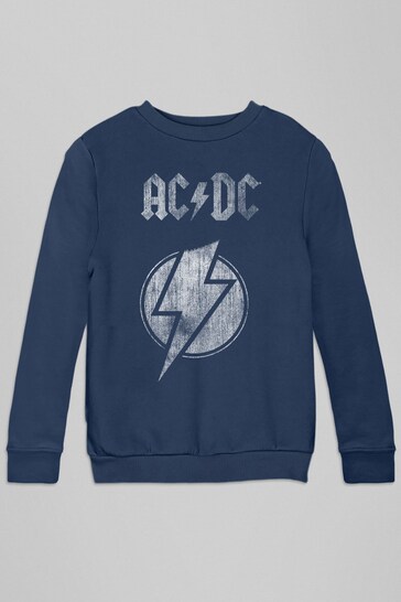 All + Every Navy ACDC Lightning Bolt Band Kids logo-patch Sweatshirt