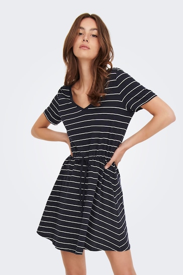 ONLY Curve Navy Blue & White Stripes V Neck Jersey T-Shirt Dress