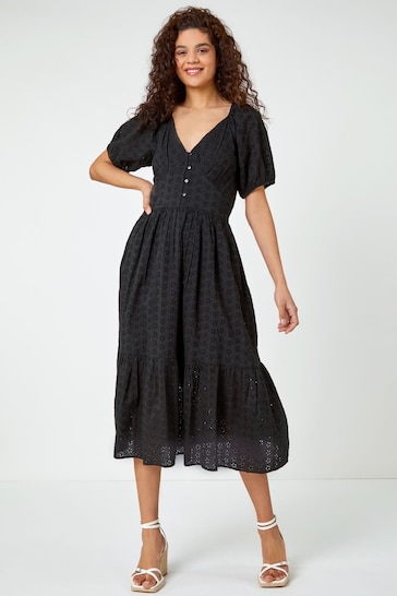 Buy Roman Black Broderie Puff Sleeve Tiered Midi Dress from the Next UK ...